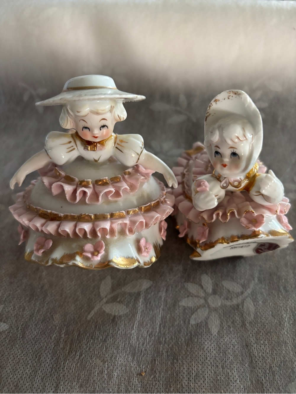 Vintage Porcelain Girl Figurine Set of 2 Bloomer Girl Japan As is